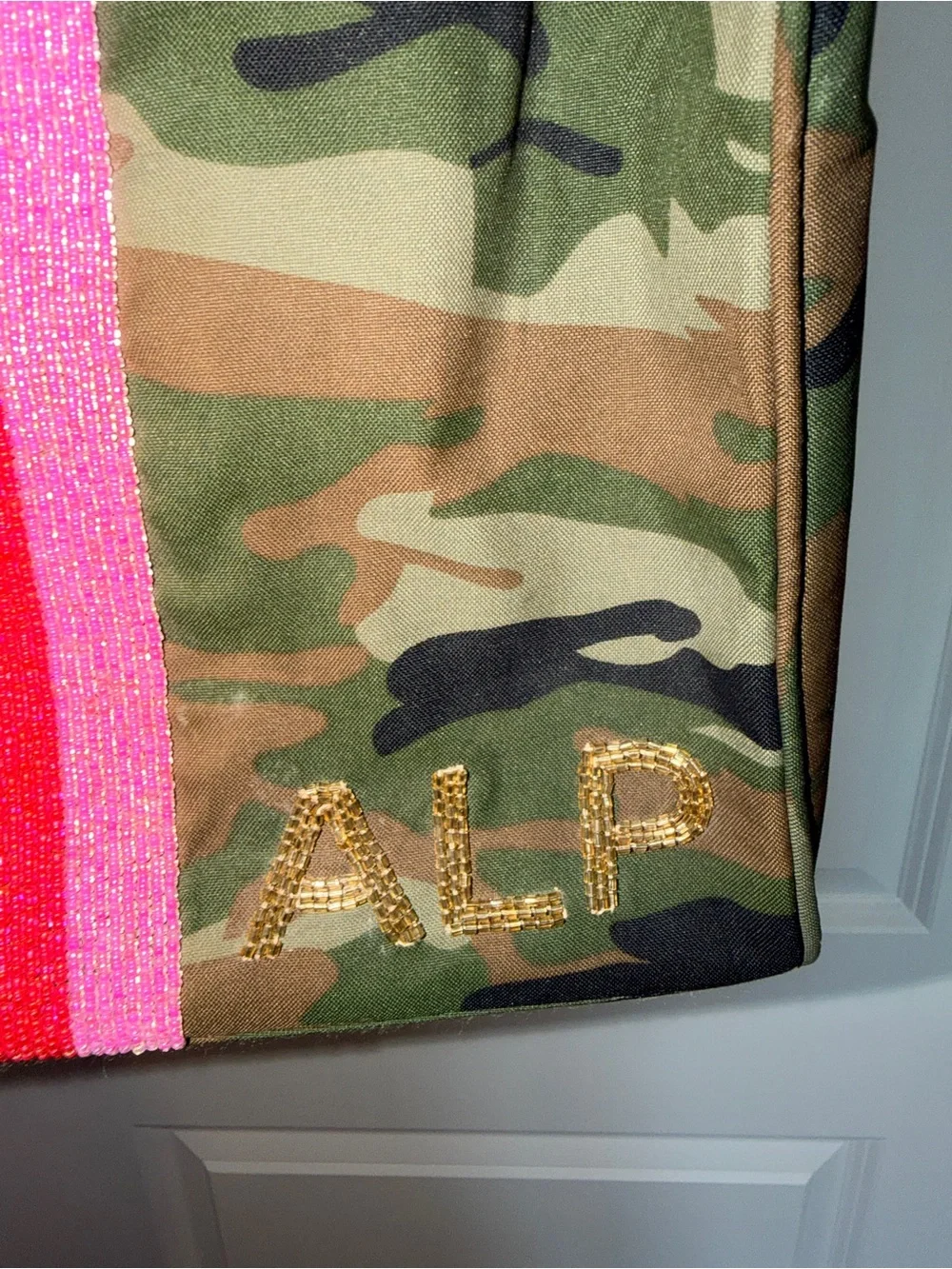 Tiana Camo Tote Bag Beaded Pink & Red Stripe “ALP” Monogram Bottom Right Corner